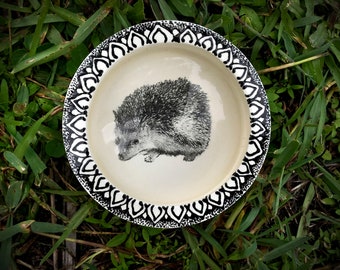 Ready To Ship Hedgehog Bowl in White Clay Decorated with Pigments in Brown Pink and Black
