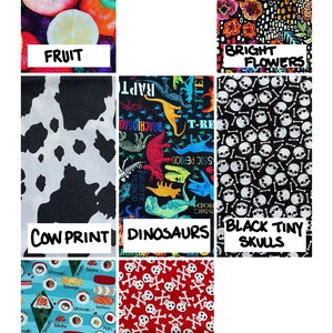 May include: A collection of 10 different cotton fabrics with various designs, including fruit, flowers, cow print, dinosaurs, skulls, sushi, and more.  The fabrics are all in bright colors and patterns.
