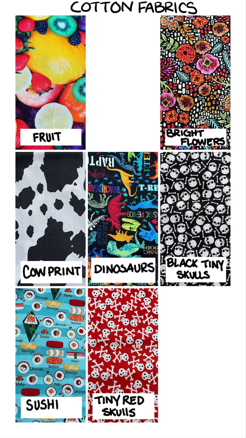 May include: A collection of 10 different cotton fabrics with various designs, including fruit, flowers, cow print, dinosaurs, skulls, sushi, and more.  The fabrics are all in bright colors and patterns.
