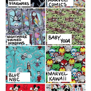 May include: A collage of eight different cotton fabric designs. The designs include Star Wars characters, Marvel Comics characters, Baby Yoda, Nightmare Before Christmas characters, Mickey Mouse, and more.