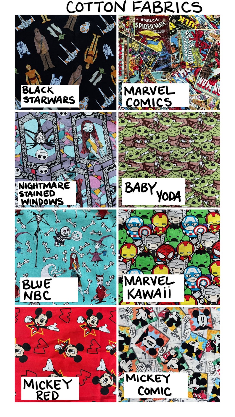 May include: A collage of eight different cotton fabric designs. The designs include Star Wars characters, Marvel Comics characters, Baby Yoda, Nightmare Before Christmas characters, Mickey Mouse, and more.