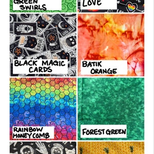 May include: A collection of 10 different cotton fabric swatches with various patterns and colors. The swatches include green swirls, black magic cards, batik orange, rainbow honeycomb, forest green, new age, and honey bees.