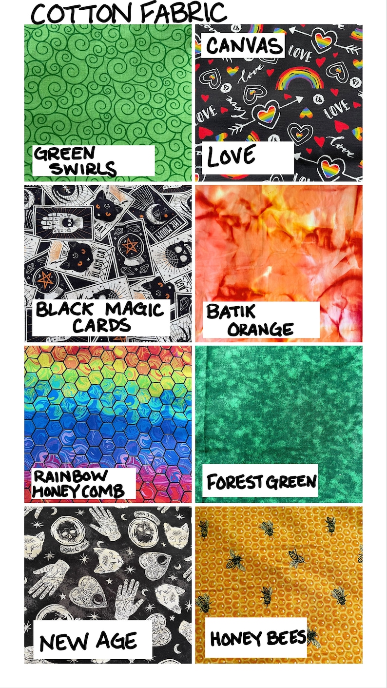 May include: A collection of 10 different cotton fabric swatches with various patterns and colors. The swatches include green swirls, black magic cards, batik orange, rainbow honeycomb, forest green, new age, and honey bees.