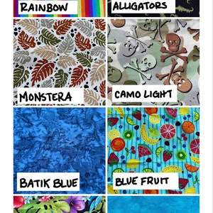 May include: A collage of 10 different cotton fabric swatches. The swatches are arranged in a grid of 5 rows and 2 columns. The swatches feature a variety of patterns, including rainbows, alligators, monstera leaves, camo, batik, fruit, tropical flowers, and water.