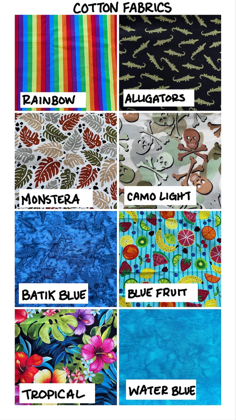 May include: A collage of 10 different cotton fabric swatches. The swatches are arranged in a grid of 5 rows and 2 columns. The swatches feature a variety of patterns, including rainbows, alligators, monstera leaves, camo, batik, fruit, tropical flowers, and water.