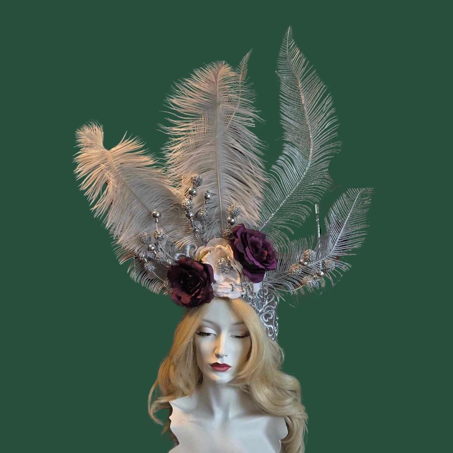 Handmade Large Floral Headpiece Clip Style Green, Purple, White Showgirl Costume Showgirl Flower Costume - Etsy main image 3