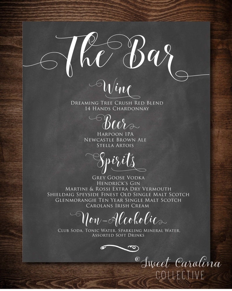 Chalkboard Printable Wedding Bar Menu Digital Prints DIY