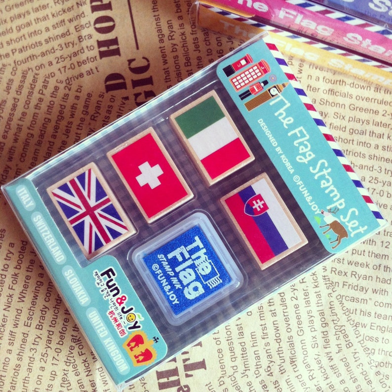 National Flag Stamp Set Wooden Rubber With Ink Pad
