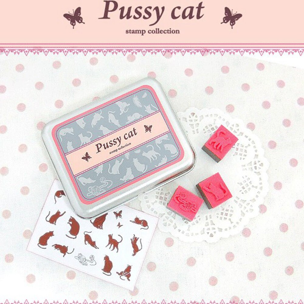 Cute Cat Stamps Diy Stamp Kit Rubber Stamps With Tin Box Etsy