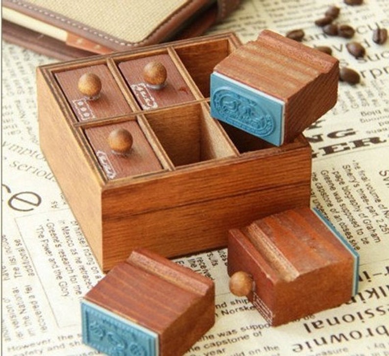 Antique Wooden Stamp Set Square Drawer Stamp \u2013 WF00500 Filofax Rubber Stamp Set With Box Planner Stamps