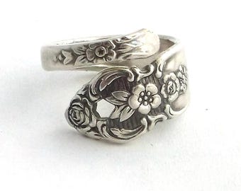 Spoon Ring Distinction Pierced Rose Demitasse Victorian Style Silverware Handmade Vintage Upcycled Flatware Bypass Design