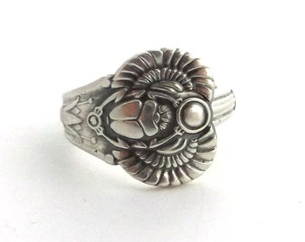 Spoon Ring Egyptian Scarab Antique Demitasse Silverware Jewelry Artisan Upcycled Flatware Repurposed Wearable Art Size 8 9 10 11 12 13 14