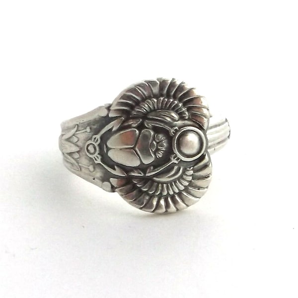 Spoon Ring Egyptian Scarab Antique Demitasse Silverware Jewelry Artisan Upcycled Flatware Repurposed Wearable Art Size 8 9 10 11 12 13 14