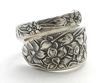 Spoon Ring Narcissus 1935 Daffodil December Birth Flower Birthday Gift Size 7 8 9 10 11 12 Floral Silver Flatware Jewelry Vintage Silverware