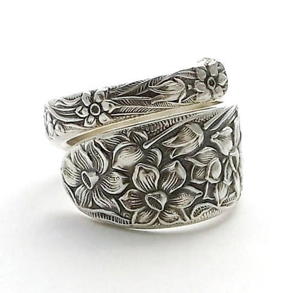 Spoon Ring Narcissus 1935 Daffodil December Birth Flower Birthday Gift Size 7 8 9 10 11 12 Floral Silver Flatware Jewelry Vintage Silverware