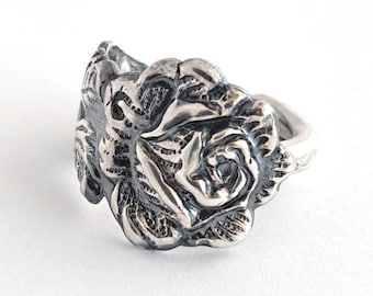Spoon Ring Hildesheimer Rose Pierced Vintage Silverware Jewelry Art Nouveau Botanical Style Repurposed Wearable Flatware Stylized Flower