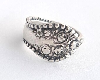 Spoon Ring York Rose Demitasse Edwardian Flatware Artisan Jewelry Petite Antique Silverware Beaded Edge Band Tiny Pearl Border
