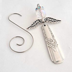 Guardian Angel Spoon Ornament La Rose Iridescent Czech Glass Face Vintage Silverware Upcycled Flatware Deco With Art Nouveau Influence