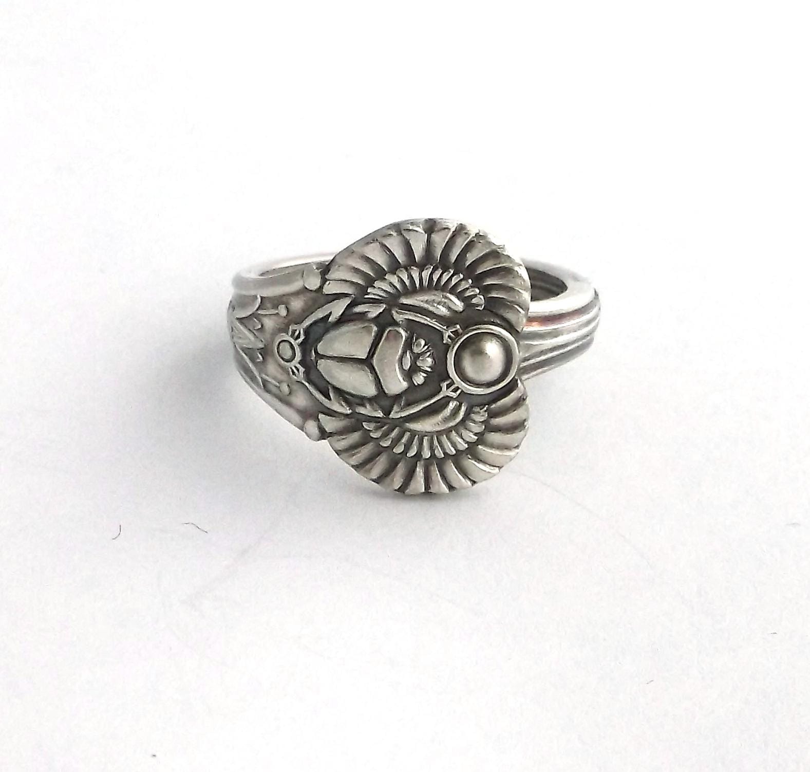 Spoon Ring Egyptian Scarab Antique Demitasse Silverware Jewelry Artisan Upcycled Flatware Repurposed Wearable Art Size 6 7 8 9 10 11