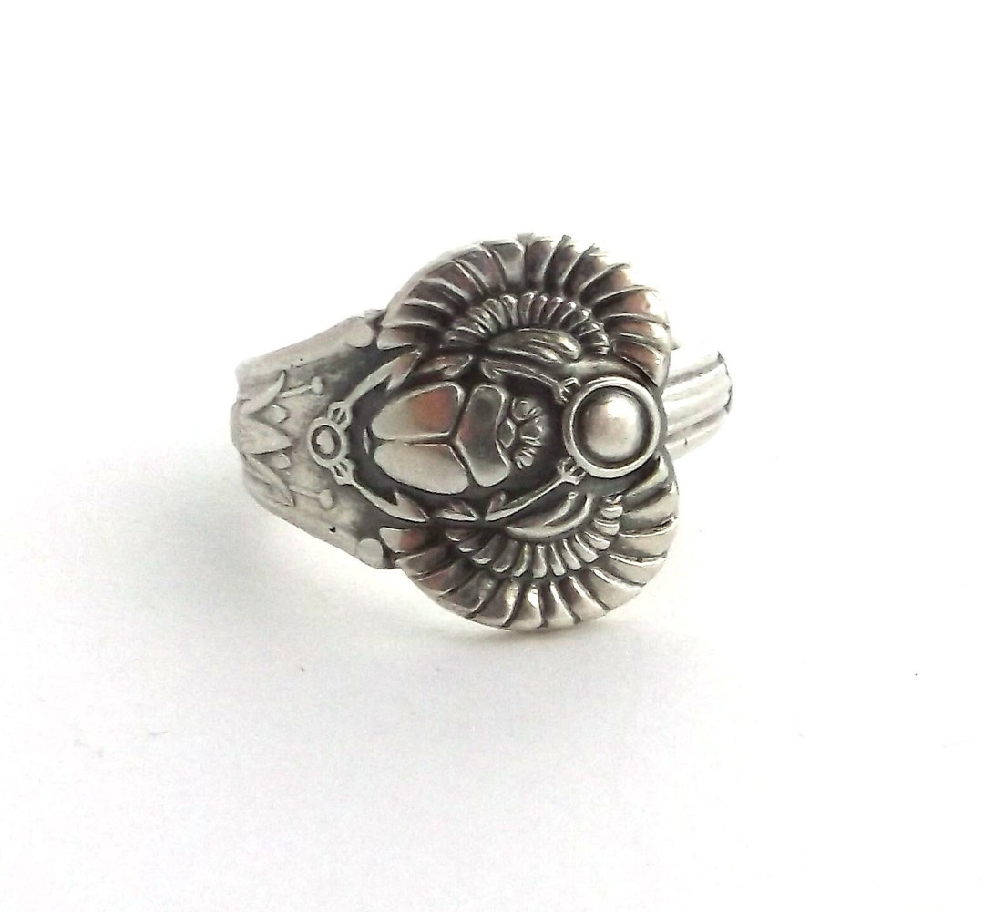 Spoon Ring Egyptian Scarab Antique Demitasse Silverware Jewelry