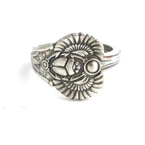 Spoon Ring Egyptian Scarab Antique Demitasse Silverware Jewelry Artisan Upcycled Flatware Repurposed Wearable Art Size 6 7 8 9 10 11