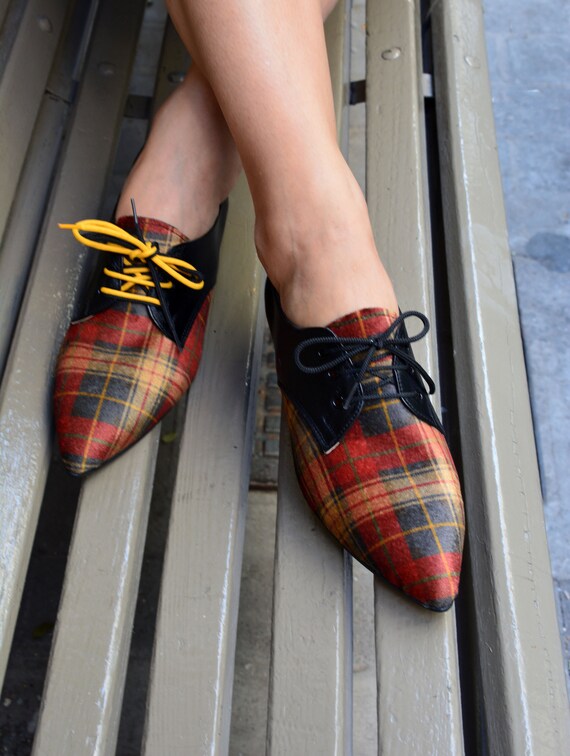red plaid flat shoes