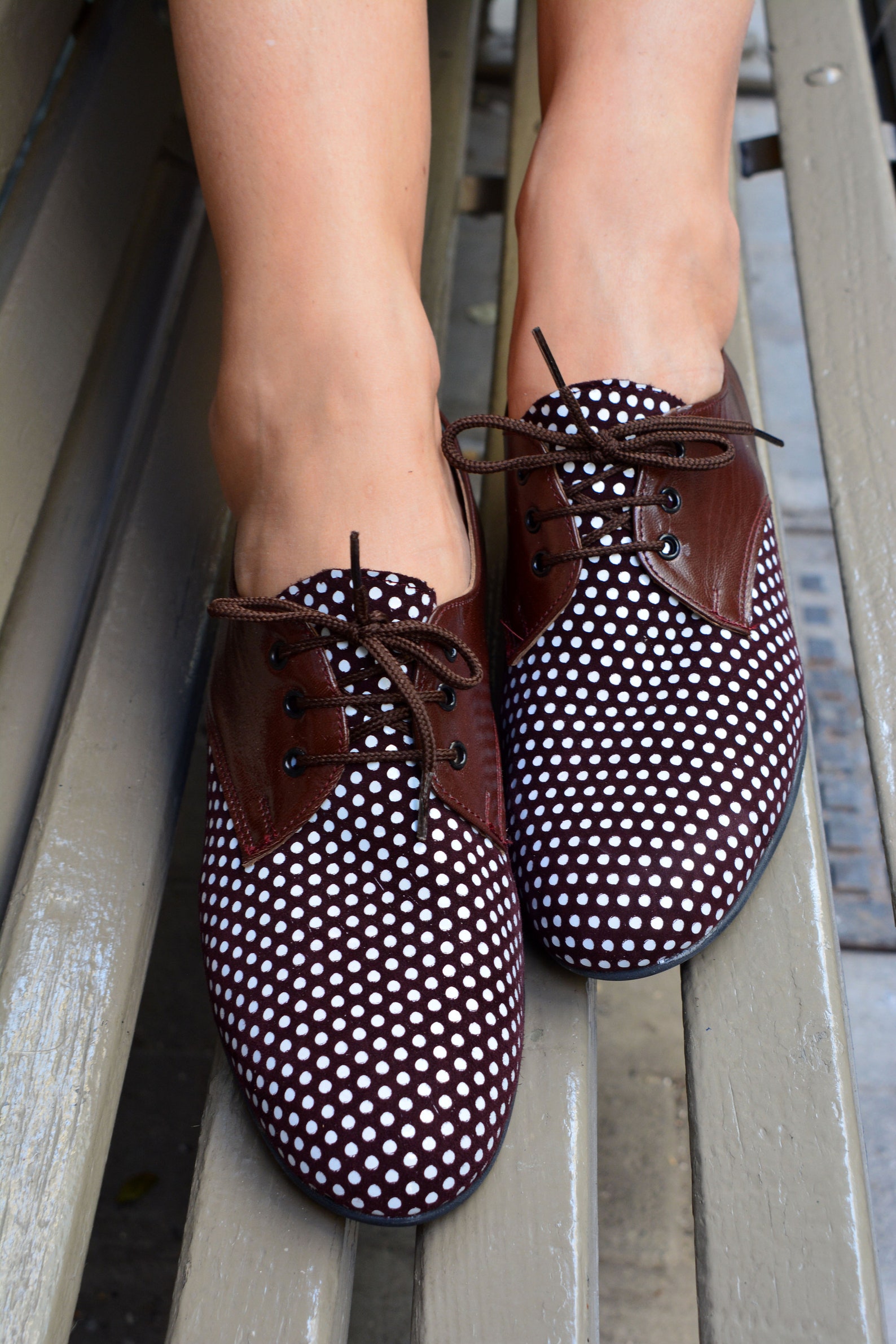 Handmade Leather Oxfords shoes Brown Polka dot Leather