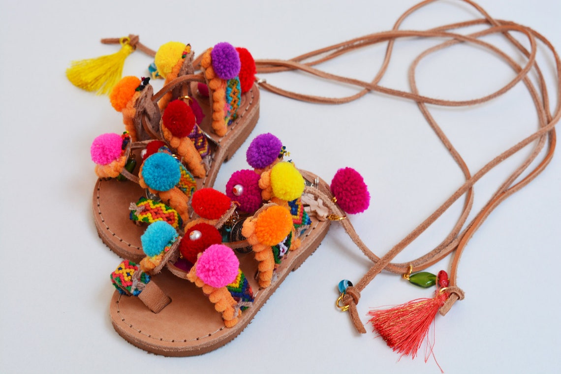 tie up sandals with pom poms