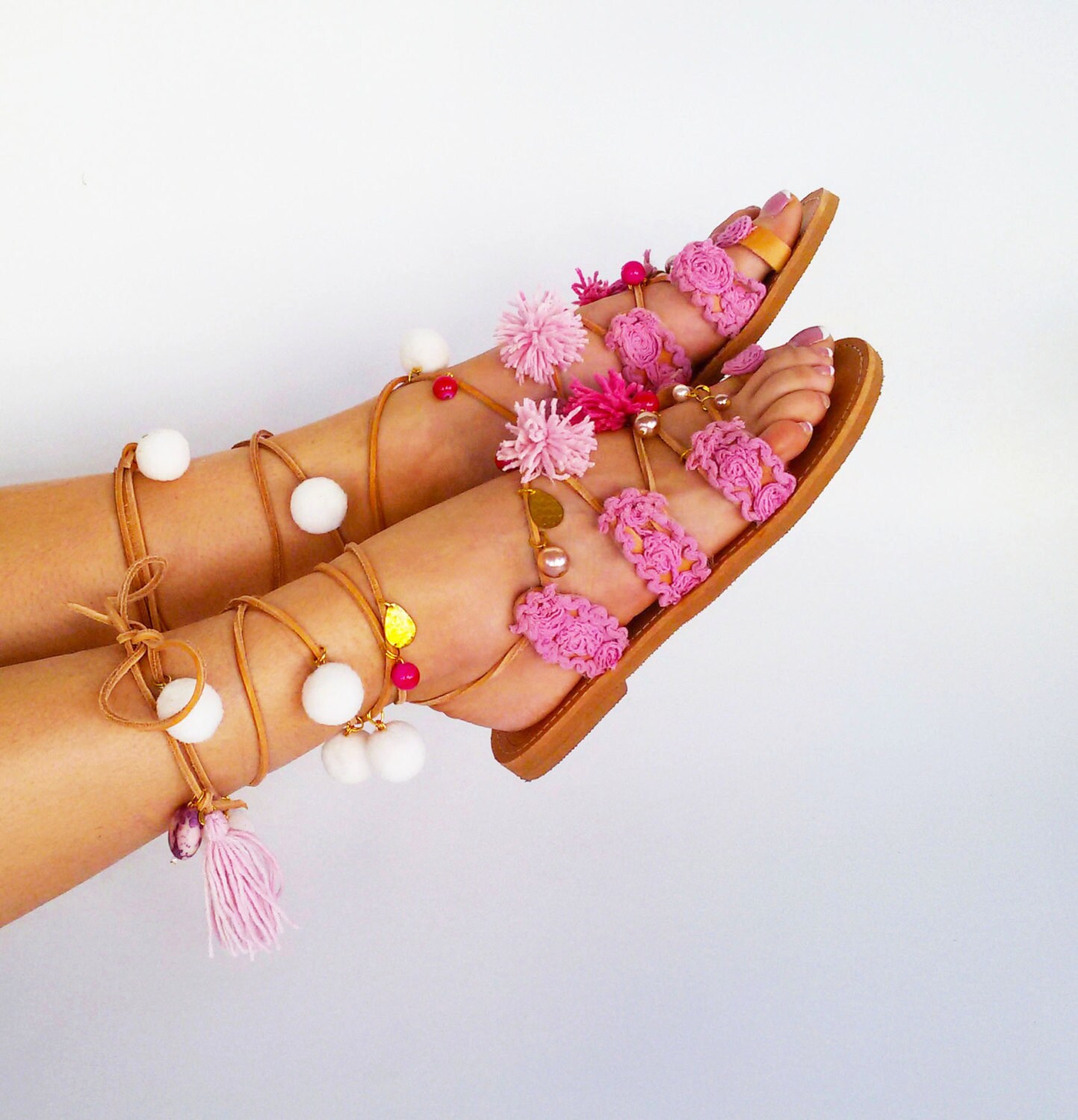 tie up sandals with pom poms