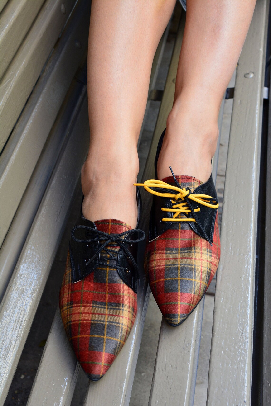 Red Plaid Women Oxford Shoes Pointed toe leather Etsy