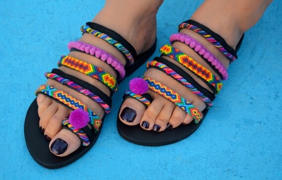 black pom pom sandals