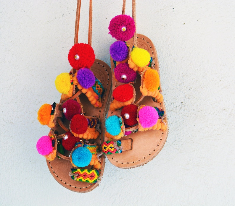 tie up sandals with pom poms