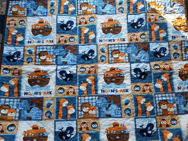 Noah/'s Arc Xrib Quilt Noah Arc Blanket Noah Arc Nursery Gender Neutral Lion Monkey Giraffe Whale Nursery Crib Toddler Cot Gender Reveal