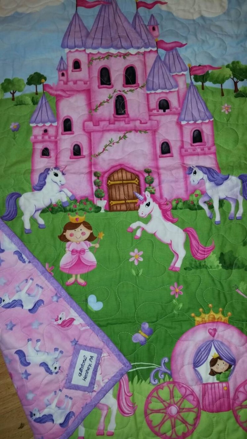baby or toddler girl Princess Nursery Quilt Royal Kingdom pink purple Magical Unicorns baby crib bedding blanket Once Upon A Time