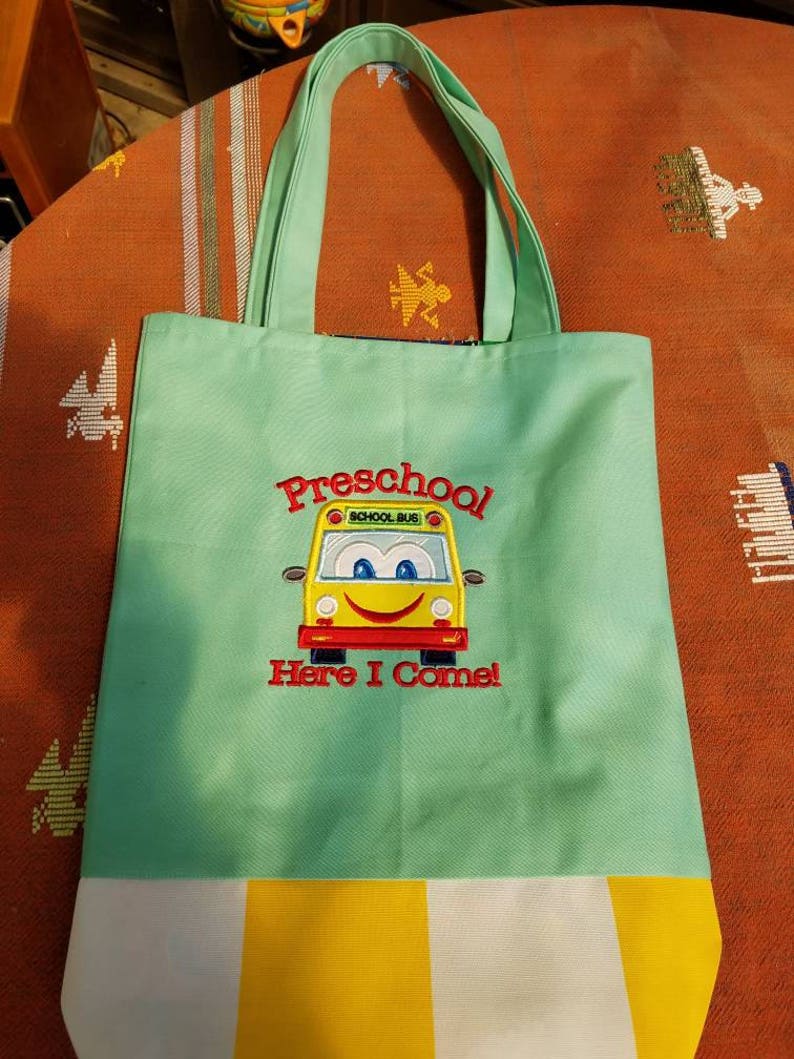 Boy Nursery School Canvas Tote Bag Birthday Preschool Personalized Kids Tote Bag Bus Bookbag ...