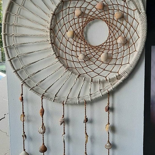 Irish Sea Shell Moon Dream Catcher, Handmade with natural materials, in natural white and brown