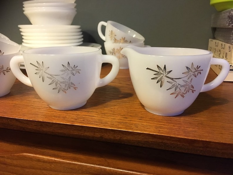 Large Set of Federal Milk Glass with Gold Leaf Pattern