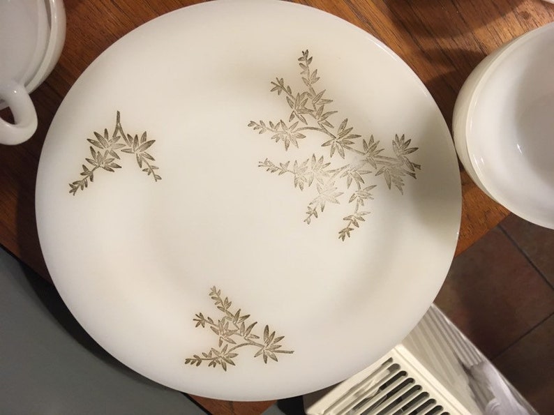 Large Set of Federal Milk Glass with Gold Leaf Pattern