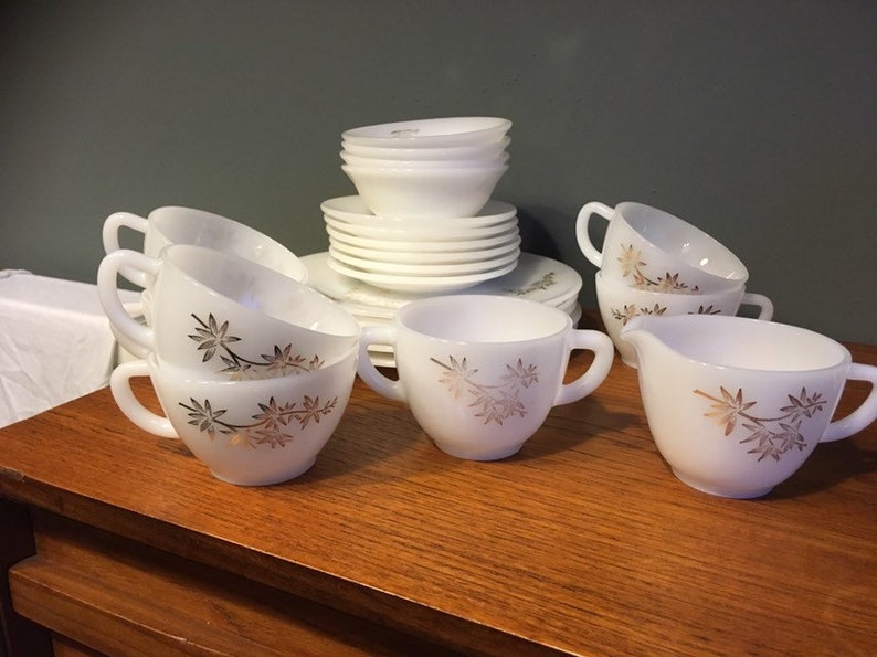 Large Set of Federal Milk Glass with Gold Leaf Pattern