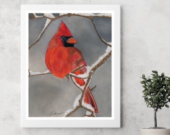 Impresión de acuarela del pájaro cardenal del norte. Arte de pared realista de pájaro rojo. Pájaro cardenal en árbol con nieve. Regalo para amantes de los pájaros. Arte de pájaros pequeño y moderno.