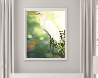 Bird Painting, White Egret Print, Beach House Decor, Watercolor White Egret Print, Gulf Coast Painting, Coastal Wall Art, Coastal Art Print