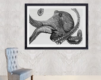 Black & White Octopus Art Coastal Wall Decor Octopus Painting Octopus Bathroom Decor Octopus Bedroom Art Beach Home Octopus Black and White