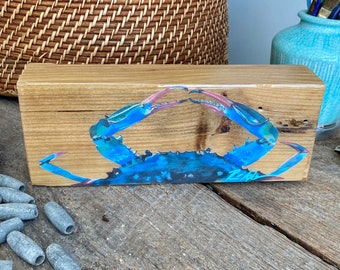 Blue crab art print on wood  w/ resin top coat. Realistic blue crab painting. Coastal shelf decor. Beach house accessories. Blue Crab Gifts