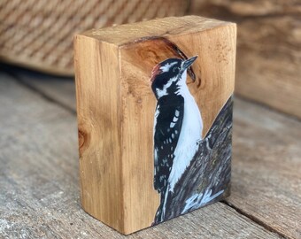 Downy Woodpecker Art Woodpecker Wood Shelf Decor Rustic Home Decor Bird Art on Wood Woodpecker Painting Downy Bird Shelf Art Bird Lover Gift