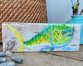 Mahi Mahi Fish Art Wood Shelf Decor Resin Fish Print Fishing Enthusiast Home Decor Nautical Wood Art Coastal House Decor Mahi Mahi Art Print