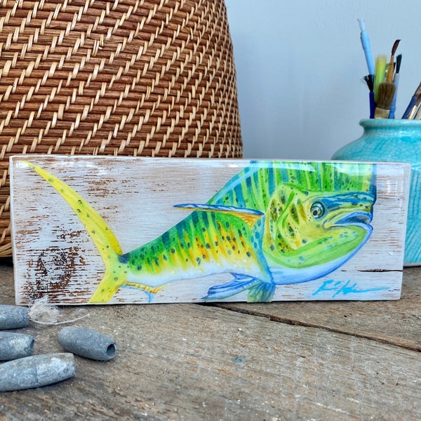 Mahi mahi fish art on wood block, Dolphinfish print on wood, Beach shelf decor, Fisherman Gift, Coastal Decor, Coastal Small Art, Fish Art