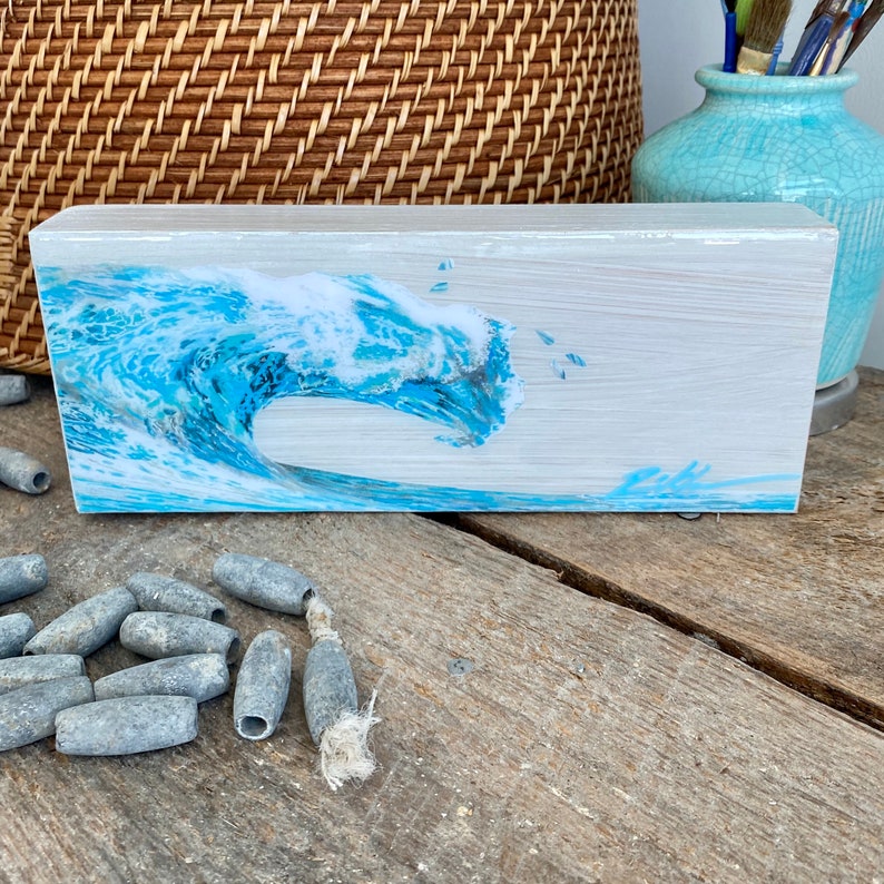 Watercolor Ocean Wave Art, Resin Ocean Art, Coastal Shelf Art, Beach Lover Gift, Beach Shelf Art, Small Coastal Art, Mantel Art, Resin Art image 6