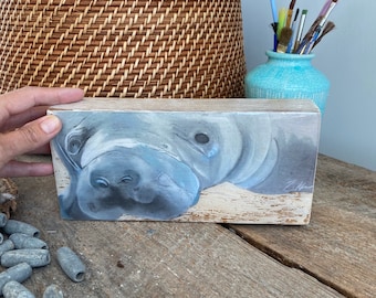 Painted Manatee print on wood block, Whimsical beach decor, Manatee resin art, Manatee painting in wood, gift for Manatee lover, Manatee art