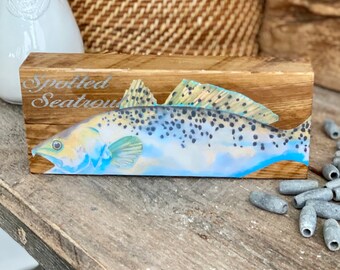Painted speckled trout print on wood block, Trout fish painting on wood, Beach Shelf Art, Fisherman gift, Coastal Decor, Small beach decor