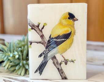 Goldfinch Wood Art Farmhouse Bird Decor Wildlife Bird Painting Living Room Mantel Art Entryway Shelf Decor Modern Foyer Tabletop Decoration